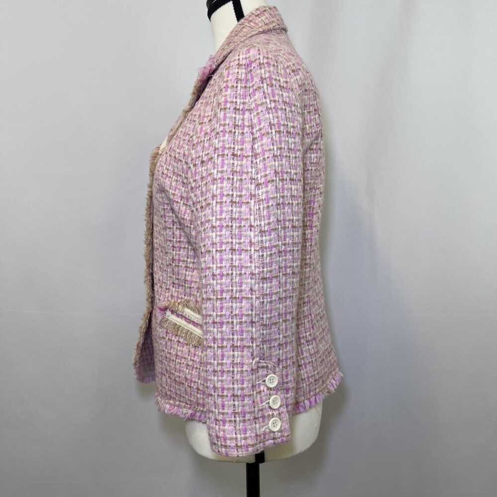 Moa Moa cropped fringe blazer jacket tweed pink tan cream women L - Picture 4 of 14